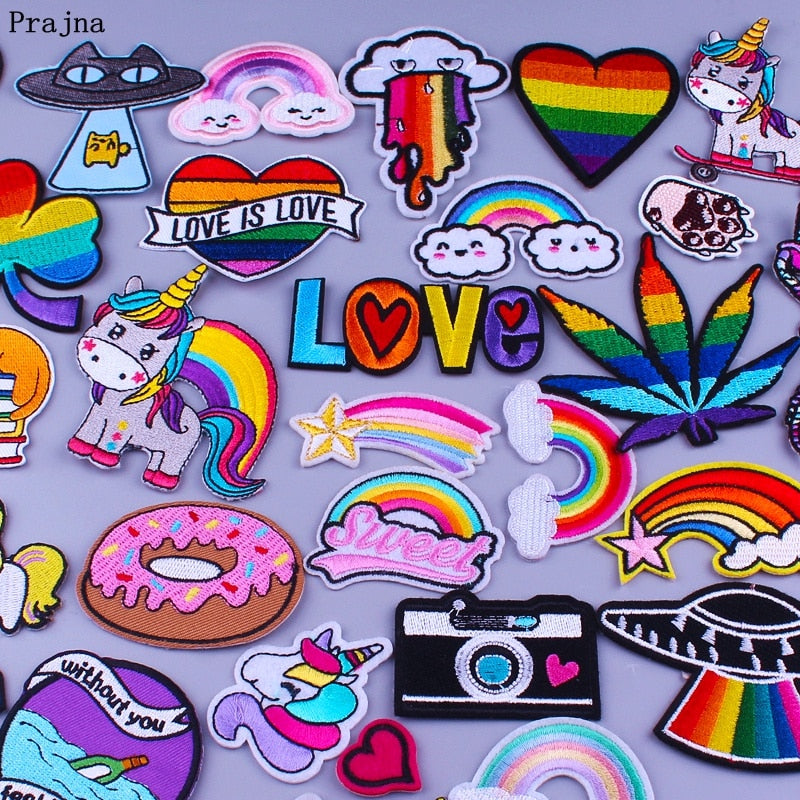 Prajna Hippie Unicorn Patches Embroidered Patches For Clothing DIY Magic Rainbow Stripes Iron On Patches For Kids Cloth Applique