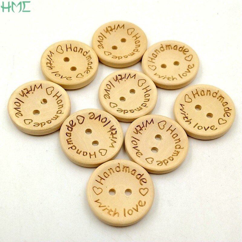 50pcs 15/20/25mm Natural Color Wooden Buttons Handmade With Love Letter Buttons For Sewing Scrapbooking Clothing Accessories