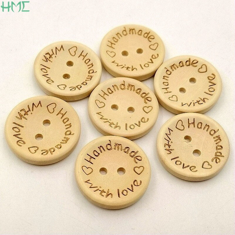 50pcs 15/20/25mm Natural Color Wooden Buttons Handmade With Love Letter Buttons For Sewing Scrapbooking Clothing Accessories