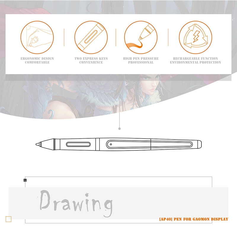 GAOMON ArtPaint AP40 Wireless Art Stylus Rechargeable Pen for Digital Drawing Display PD1560