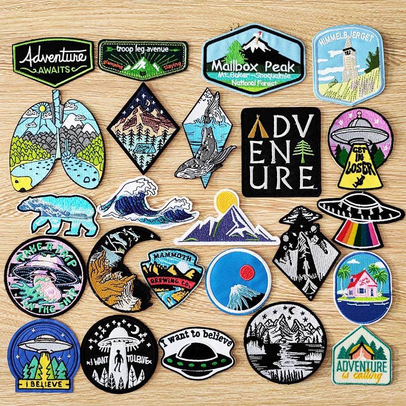 DIY Adventure Travel Patches For Clothing Mountain Camping Badge Space Stripe Iron On Patches On Clothes UFO Embroidery Patch