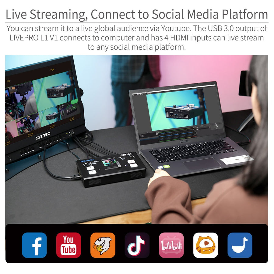 Feelworld Live Streaming Switcher Livepro L1 V1 Video Mixer HDMI Multi-Format Studio Record Preview Mode For DSLR Camera Youtube